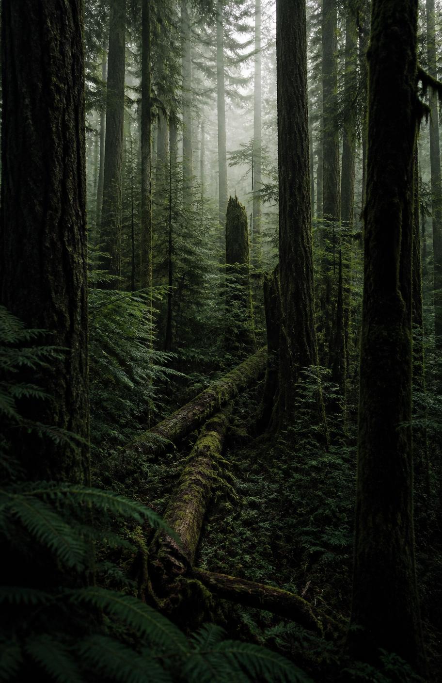Old-growth Pacific Northwest forest with mossy trunks and mist