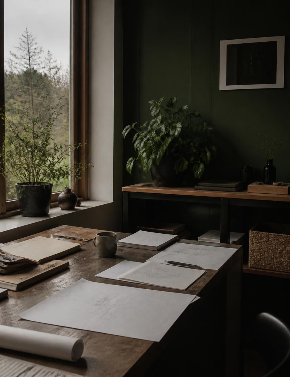 A quiet desk by a window in a small Pacific Northwest workshop office